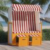 Scaun de plajă cu baldachin,roșu&alb, poliratan și lemn masiv