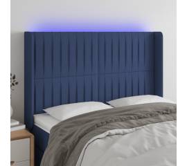 Tăblie de pat cu led, albastru, 147x16x118/128 cm, textil