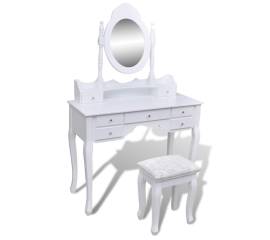 Masă de toaletă cu oglindă și taburet, 7 sertare, alb