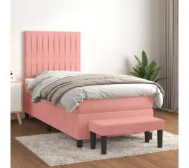 Pat box spring cu saltea, roz, 90x200 cm, catifea