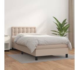 Pat box spring cu saltea, cappuccino, 90x200 cm piele ecologică