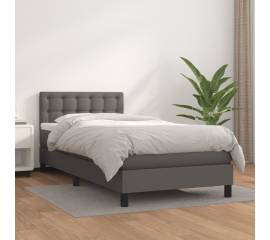 Pat box spring cu saltea, gri, 90x200 cm, piele ecologică