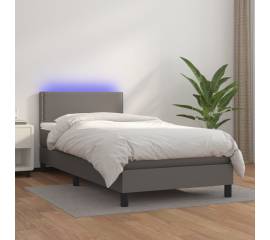 Pat continental cu saltea și led, gri, 80x200 cm, piele eco