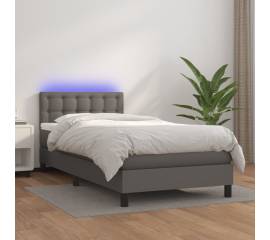 Pat continental cu saltea și led, gri, 80x200 cm, piele eco