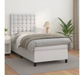 Pat box spring cu saltea, alb, 90x190 cm, piele ecologică