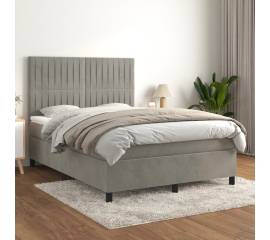 Pat box spring cu saltea, gri deschis, 140x190 cm, catifea