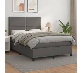 Pat box spring cu saltea, gri, 140x190 cm, piele ecologică