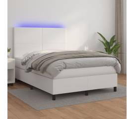 Pat cu arcuri, cu saltea & led, alb, 140x190 cm, piele eco