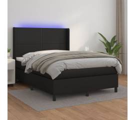 Pat continental cu saltea & led, negru, 140x190 cm, piele eco