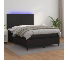 Pat continental cu saltea & led, negru, 140x190 cm, piele eco