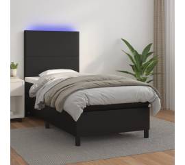 Pat continental cu saltea & led, negru, 80x200 cm, piele eco