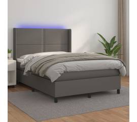 Pat cu arcuri, cu saltea & led, gri, 140x190 cm, piele eco