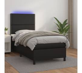 Pat cu arcuri, saltea și led, negru, 90x190 cm, piele ecologică