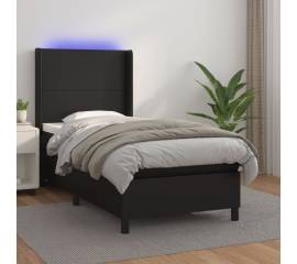 Pat cu arcuri, saltea și led, negru, 90x190 cm, piele ecologică