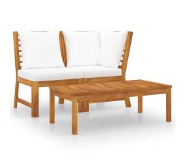 Set mobilier de grădină, 3 piese, perne crem, lemn masiv acacia