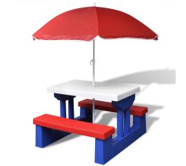 Masă de picnic pentru copii cu bănci & umbrelă, multicolor