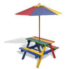 Masă de picnic pentru copii cu bănci &amp; umbrelă, lemn multicolor