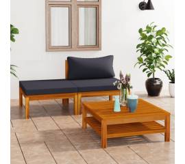 Set mobilier grădină perne gri închis, 3 piese, lemn acacia