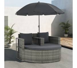 Canapea de grădină cu 2 locuri cu perne & umbrelă gri poliratan