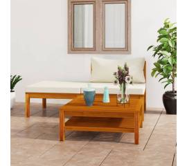 Set mobilier grădină perne alb crem, 3 piese, lemn masiv acacia