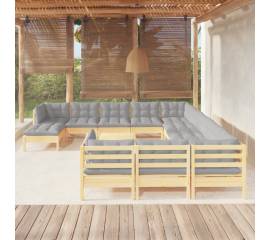 Set mobilier de grădină cu perne, 13 piese, gri, lemn de pin