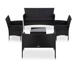 Set mobilier de grădină cu perne, 5 piese, negru, poliratan