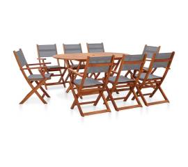 Set mobilier exterior 9 piese gri lemn masiv eucalipt/textilenă