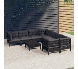 Set mobilier grădină cu perne, 9 piese, negru, lemn de pin