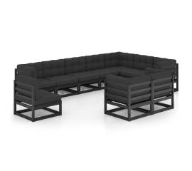 Set mobilier grădină cu perne, 10 piese, negru, lemn masiv pin