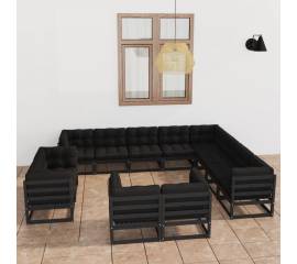 Set mobilier grădină cu perne, 12 piese, negru, lemn masiv pin