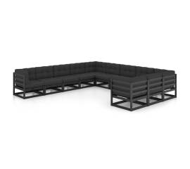 Set mobilier grădină cu perne, 11 piese, negru, lemn masiv pin