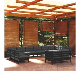 Set mobilier grădină cu perne, 12 piese, negru, lemn masiv pin