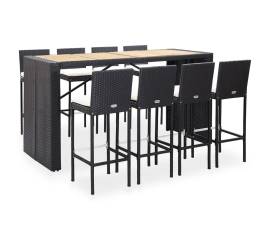 Set de bar exterior, 9 piese, negru, poliratan și lemn acacia