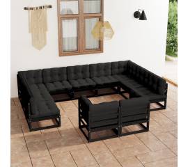 Set mobilier grădină cu perne, 11 piese, negru, lemn masiv pin