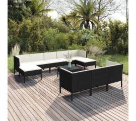 Set mobilier de grădină cu perne, 11 piese, negru, poliratan