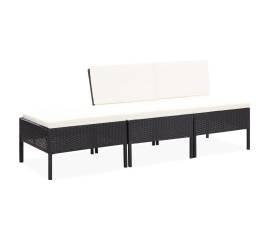 Set mobilier de grădină cu perne, 3 piese, negru, poliratan