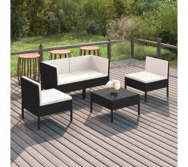 Set mobilier de grădină cu perne, 5 piese, negru, poliratan