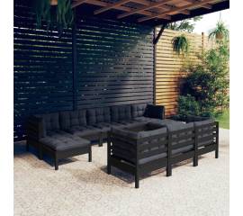 Set mobilier grădină cu perne, 10 piese, negru, lemn masiv pin