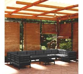Set mobilier grădină cu perne, 11 piese, negru, lemn de pin