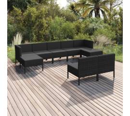 Set mobilier de grădină cu perne, 9 piese, negru, poliratan