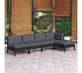 Set mobilier grădină cu perne, 5 piese, negru, lemn de pin