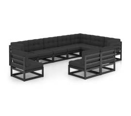 Set mobilier grădină cu perne, 10 piese, negru, lemn masiv pin