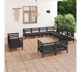 Set mobilier de grădină, 11 piese, negru, lemn masiv de pin