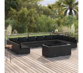 Set mobilier de grădină cu perne, 12 piese, negru, poliratan