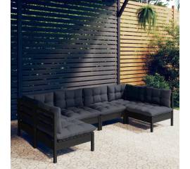 Set mobilier grădină cu perne, 6 piese, negru, lemn masiv pin