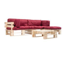 Set mobilier de grădină paleți cu perne roșii, 4 piese, lemn
