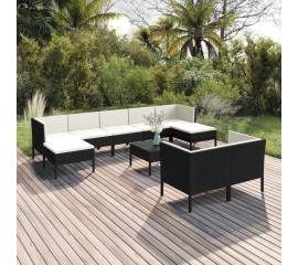 Set mobilier de grădină cu perne, 10 piese, negru, poliratan