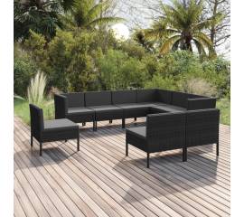 Set mobilier de grădină cu perne, 9 piese, negru, poliratan