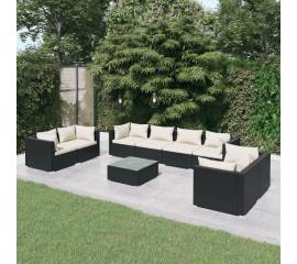 Set mobilier de grădină cu perne, 9 piese, negru, poliratan