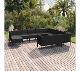 Set mobilier de grădină cu perne, 11 piese, negru, poliratan